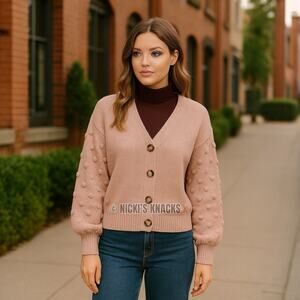 Blush Pink Cropped Knit Cardigan Textured Dot Sleeve V Neck Button Front Size L